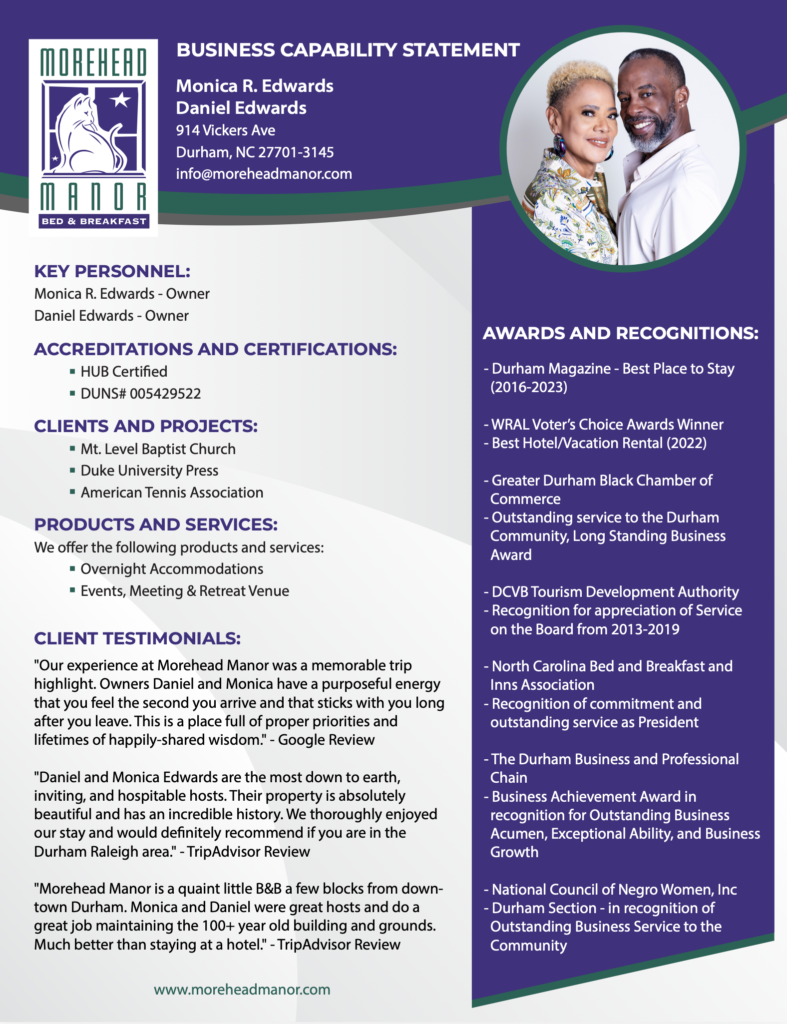 Morehead Manor Bed & Breakfast Capability Statement